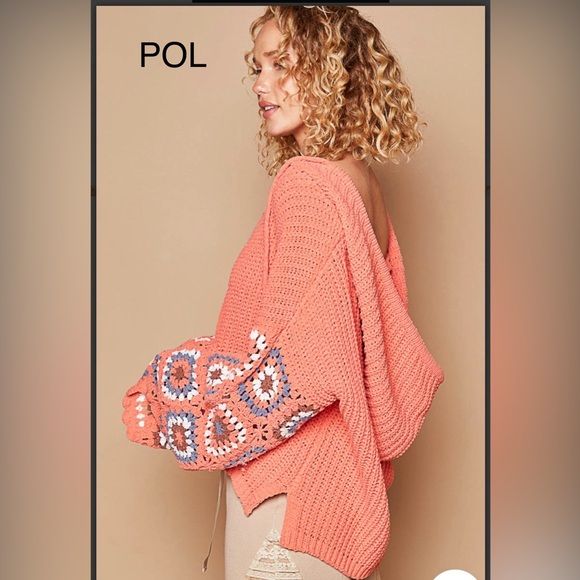 72. 🔥 POL Coral V-Neck Oversized Sweater Hoodie with Granny Square Sleeves - Picture 5 of 11